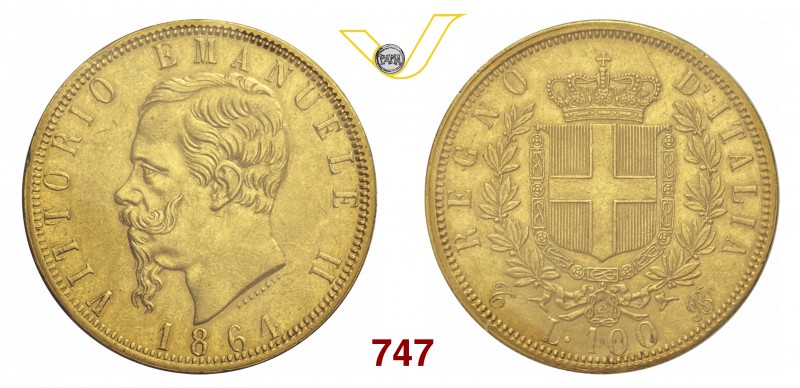 VITTORIO EMANUELE II (1861-1878) 100 Lire 1864 Torino. MIR 1076a Pag. 451 Au Rar...