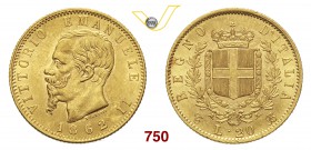 VITTORIO EMANUELE II (1861-1878) 20 Lire 1862 Torino. MIR 1078c Pag. 456 Au g 6,46 • Graffietti nella croce dello stemma SPL÷FDC