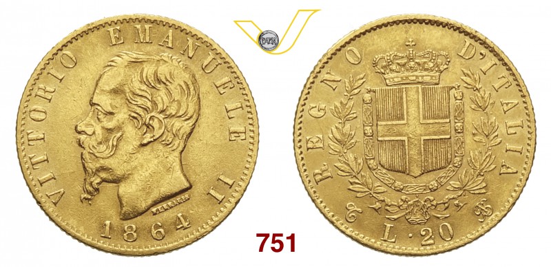 VITTORIO EMANUELE II (1861-1878) 20 Lire 1864 Torino. MIR 1078e Pag. 458 Au g 6,...