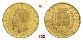 VITTORIO EMANUELE II (1861-1878) 20 Lire 1865 Torino. MIR 1078f Pag. 459 Au g 6,43 SPL/q.FDC