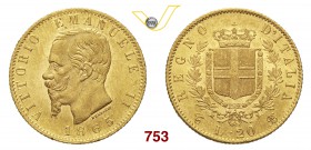VITTORIO EMANUELE II (1861-1878) 20 Lire 1865 Torino. MIR 1078f Pag. 459 Au g 6,45 SPL÷FDC