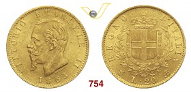 VITTORIO EMANUELE II (1861-1878) 20 Lire 1865 Torino. MIR 1078f Pag. 459 Au g 6,46 SPL