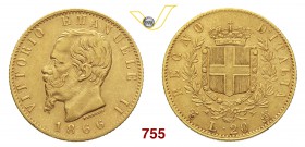 VITTORIO EMANUELE II (1861-1878) 20 Lire 1866 Torino. MIR 1078g Pag. 460 Au g 6,42 Rara BB