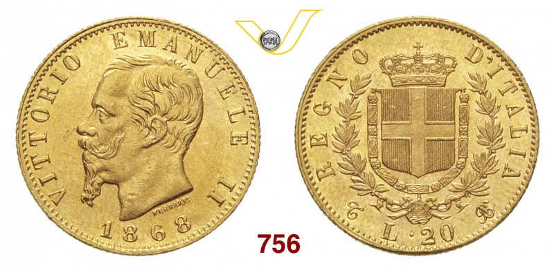 VITTORIO EMANUELE II (1861-1878) 20 Lire 1868 Torino. MIR 1078i Pag. 462 Au g 6,...