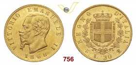 VITTORIO EMANUELE II (1861-1878) 20 Lire 1868 Torino. MIR 1078i Pag. 462 Au g 6,45 • Rovescio dai fondi speculari SPL/FDC