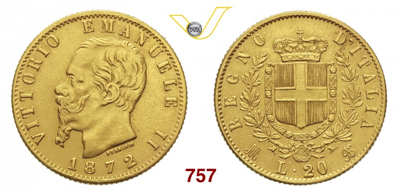 VITTORIO EMANUELE II (1861-1878) 20 Lire 1872 Milano. MIR 1078n Pag. 467 Au g 6,...