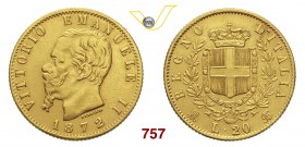 VITTORIO EMANUELE II (1861-1878) 20 Lire 1872 Milano. MIR 1078n Pag. 467 Au g 6,41 Molto rara BB