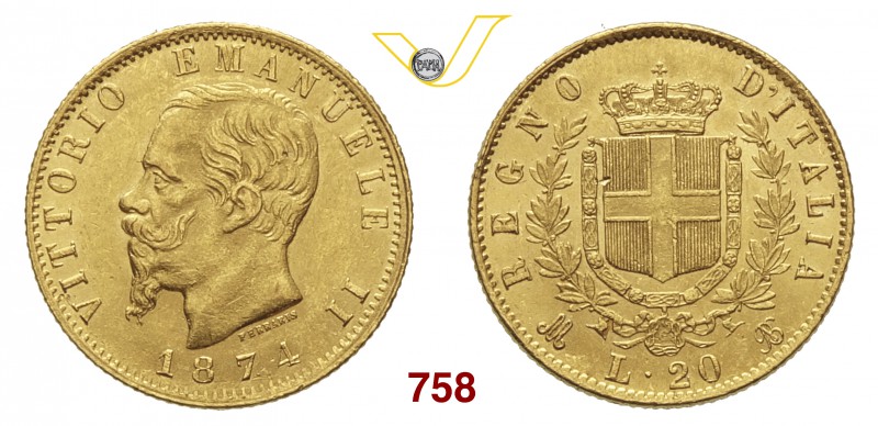 VITTORIO EMANUELE II (1861-1878) 20 Lire 1874 Milano. MIR 1078q Pag. 470 Au g 6,...