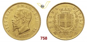 VITTORIO EMANUELE II (1861-1878) 20 Lire 1874 Milano. MIR 1078q Pag. 470 Au g 6,44 Non comune SPL