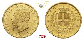VITTORIO EMANUELE II (1861-1878) 20 Lire 1874 Roma. MIR 1078r Pag. 471 Au g 6,44 Non comune • Segno sul viso BB/q.SPL