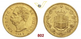 UMBERTO I (1878-1900) 20 Lire 1889 Roma. Pag. 584 MIR 1098n Au g 6,45 Rara q.SPL