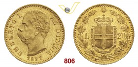 UMBERTO I (1878-1900) 20 Lire 1897 Roma. Pag. 588 MIR 1098s Au g 6,45 Rara SPL