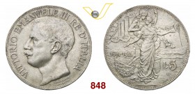 VITTORIO EMANUELE III (1900-1946) 5 Lire 1911 Roma “Cinquantenario”. Pag. 707 MIR 1135a Ag g 24,99 • Colpetto al bordo SPL÷FDC