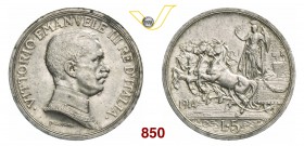VITTORIO EMANUELE III (1900-1946) 5 Lire 1914 Roma “quadriga”. Pag. 708 Ag g 25,06 Molto rara SPL÷FDC