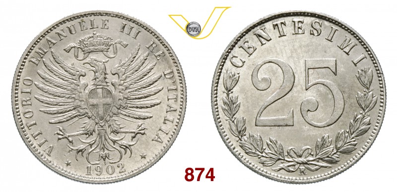 VITTORIO EMANUELE III (1900-1946) 25 Centesimi 1902. Pag. 827 MIR 1152a Ni g 4,0...