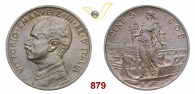 VITTORIO EMANUELE III (1900-1946) 5 Centesimi 1908 Roma “Italia su prora”. Pag. 892 MIR 1163a Cu g 5,05 Rara FDC