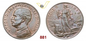 VITTORIO EMANUELE III (1900-1946) 5 Centesimi 1912 Roma “Italia su prora”. Pag. 894 MIR 1163c Cu g 4,94 q.FDC