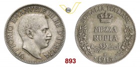 VITTORIO EMANUELE III - monetazione per la Somalia (1900-1946) Mezza Rupia 1913 Roma. Pag. 968 Ag g 5,80 q.SPL