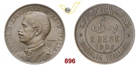 VITTORIO EMANUELE III, monetazione per la Somalia (1900-1946) 2 Bese 1909, Roma, PROVA. P.P. 400 Cu g 4,99 Molto rara SPL