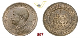 VITTORIO EMANUELE III, monetazione per la Somalia (1900-1946) 1 Besa 1909, Roma, PROVA. P.P. 401 Cu g 2,36 Molto rara FDC