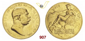 AUSTRIA FRANCESCO GIUSEPPE I (1848-1916) 100 Corone 1908 "60° anno di regno" Fb. 514 Au g 33,83 Rara q.SPL/BB