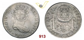 BRASILE CUIABA 960 Reis contromarcato su un 8 Reales boliviano 1820 della zecca di Potosì. Kr. 352 Ag g 26,58 Molto rara • BB la moneta ospite, SPL la...