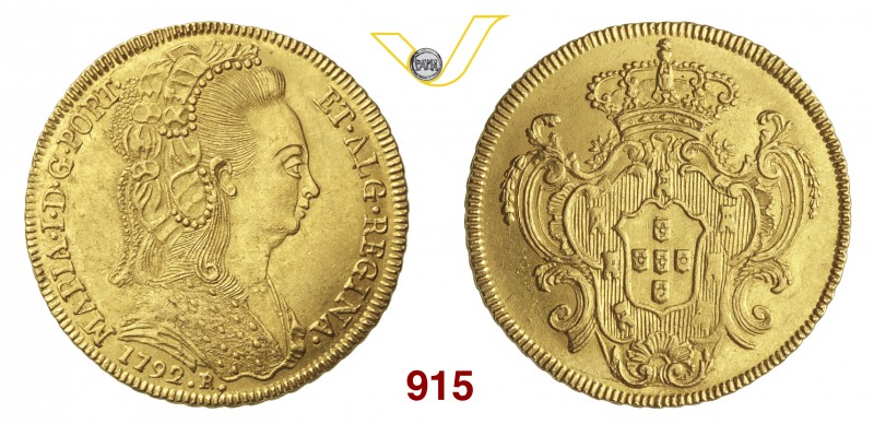 BRASILE MARIA (1786-1799) Peca (6400 Reis) 1792 R, Rio. Fb. 87 Au g 14,28 SPL+