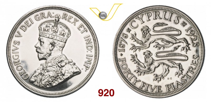 CIPRO GIORGIO V (1910-1936) 45 Piastre 1928. Kr. 21 Ag g 28,27 • Minimi hairline...