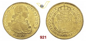 COLOMBIA CARLO IV (1788-1808) 8 Escudos 1801, Popayan, sigle P-JF. Kr. 62.2 Au g 27,06 • Bei fondi brillanti SPL+
