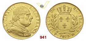 FRANCIA LUIGI XVIII (1814-1824) 20 Franchi 1815 R (Londra) “esilio” Varesi 339 Au g 6,43 Rara SPL+