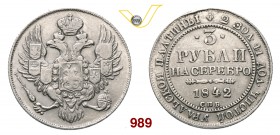 RUSSIA NICOLA I (1825-1855) 3 Rubli 1842. Fb. 160 Pt g 10,24 Rara q.BB