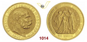UNGHERIA FRANCESCO GIUSEPPE I (1848-1916) 100 Corone 1907 "40° incoronazione". Fb. 256 Au g 33,89 Rara q.SPL