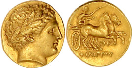 Stater 340/328 v. Chr., Pella. Kopf des Apoll r./ΦΙΛΙΠΠΟΥ. Pferdebiga r., Beizeichen Blitzbündel. 8,58 g. sehr schön/vorzüglich. Le Rider 91....