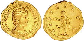 Aureus 244/246. Drap. Brb. r./PIETAS AVG. Pietes steht l., daneben Kind. 6,28 g. sehr schön, kl. Kratzer, selten Exemplar Leu Auktion 1 (2017), Nr. 31...