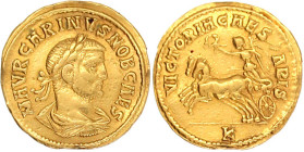 Aureus, als Caesar 283, Kyzikos. Belorb., drap. Brb. r./VICTORIA CAESARIS K. Victoria in Biga l. 4,71 g. sehr schön, Fassungsspuren Exemplar Hess-Divo...