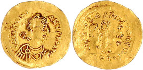 Tremissis 527/565, Constantinopel. Herrscherbüste mit Diadem n.r./Victoria mit Kranz und Kreuzglobus. 1,48 g. sehr schön. DOC 19. Sear 145.