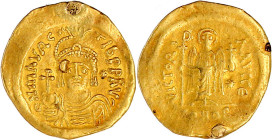 Solidus 582/602, Constantinopel, 9. Off. Büste mit Kreuzglobus v.v./VICTOR AVGG θ. Victoria steht v.v. mit Christogrammstab und Kreuz, im Abschnitt CO...