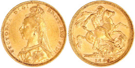 Sovereign 1889 M, Melbourne. Drachentöter. 7,98 g. 917/1000. fast vorzüglich. Spink.. 3867B.