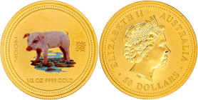 50 Dollars Farbmünze (1/2 Unze Gold) 2007. Jahr des Schweins. Aufl. nur 1798 Exemplare. Stempelglanz. Krause/Mishler 1902.