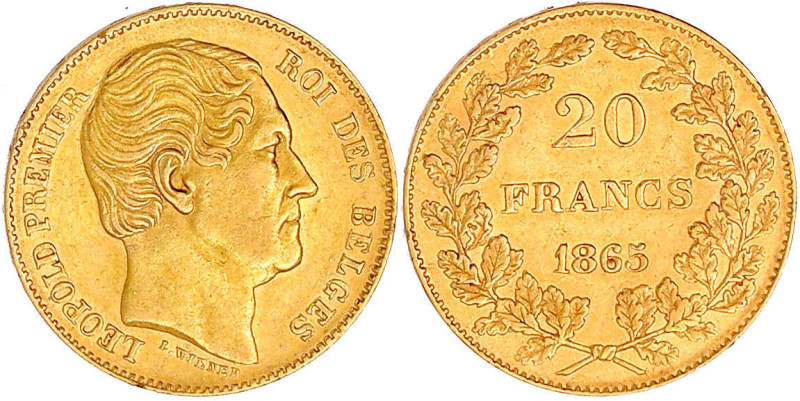 20 Francs 1865. L. WIENER. 6,45 g. 900/1000. sehr schön/vorzüglich, kl. Randfehl...