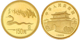 150 Yuan Jahr der Schlange 1989, wandernde Schlange. 8 g. 916/1000. In Kapsel. Polierte Platte. Krause/Mishler 237. Schön 189.