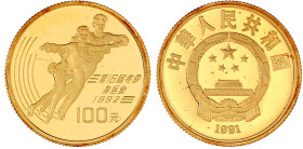 100 Yuan 1991, Olympiade 1992. Eis-Paarlauf. 10,38 g. Feingold. In Kapsel. Polierte Platte, leichte Patina. Krause/Mishler 298. Schön 325.