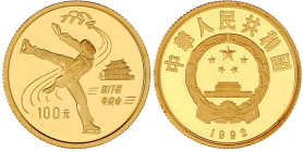100 Yuan 1992. Zur Olympiade 1994, Eiskunstlauf. 10,38 g. Feingold. In Kapsel. Polierte Platte. Krause/Mishler 440. Schön 407.