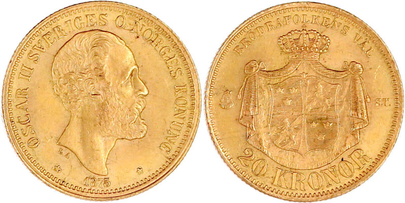 20 Kronor 1875 ST LA, Stockholm. 8,96 g. 900/1000. fast Stempelglanz, Prachtexem...