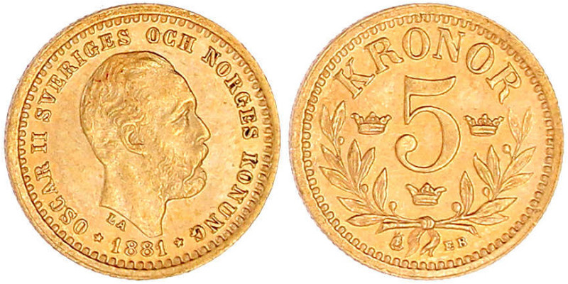 5 Kronor 1881 EB. 2,24 g. 900/1000. vorzüglich/Stempelglanz. Friedberg 95. Sieg ...