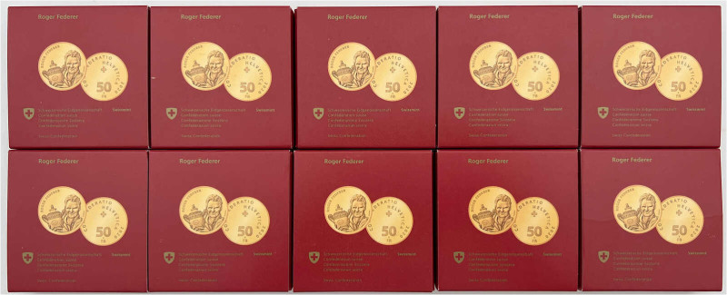 10 X 50 Franken 2020. Roger Federer. Jeweils 11,29 g. 900/1000. In Originalschat...