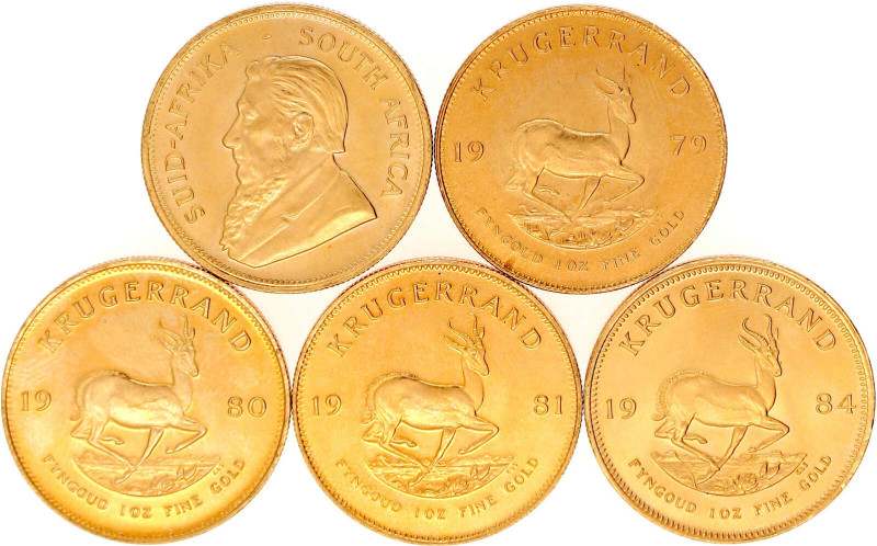 5 X Krügerrand: 1978, 1979, 1980, 1981, 1984. Je 33,93 g. 917/1000. prägefrisch/...