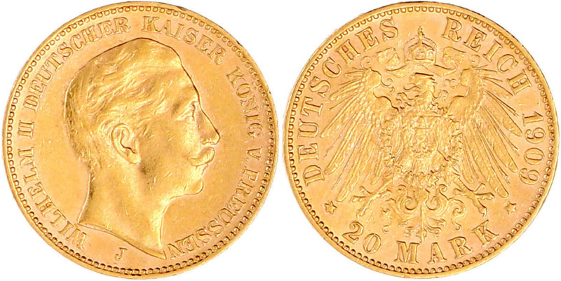 20 Mark 1909 J, Hamburg. vorzüglich, min. Randfehler. Jaeger 252.