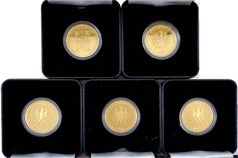 5 X 100 Euro: 2003 A,D,F,G,J, komplette Serie Quedlinburg. Je 1/2 Unze Feingold....