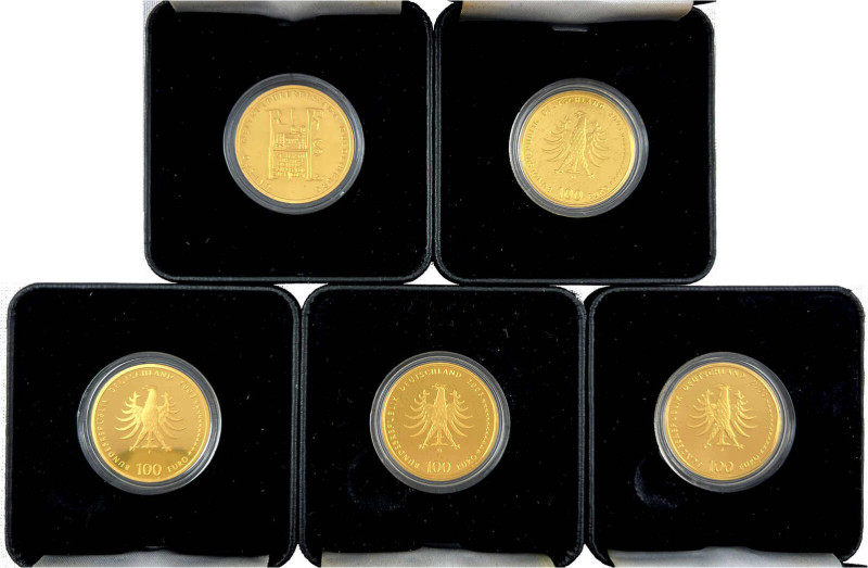 5 X 100 Euro: 2003 A,D,F,G,J, komplette Serie Quedlinburg. Je 1/2 Unze Feingold....